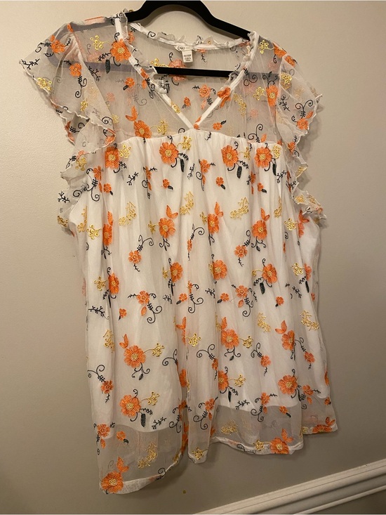 Cato Tops - Cato White Sheer Blouse with Orange and Yellow Floral Embroidery